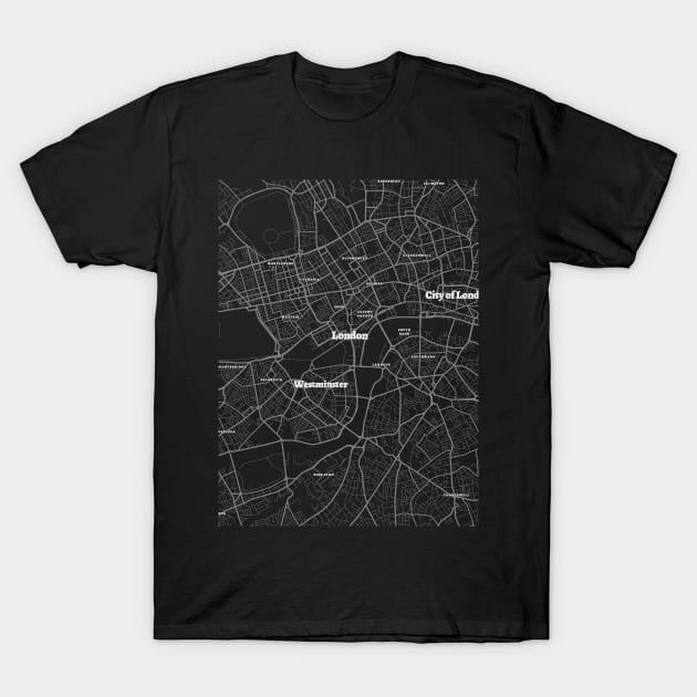 4K London United Kingdom Map | HD London UK Map | Black And White Map Of London UK T-Shirt by benayache